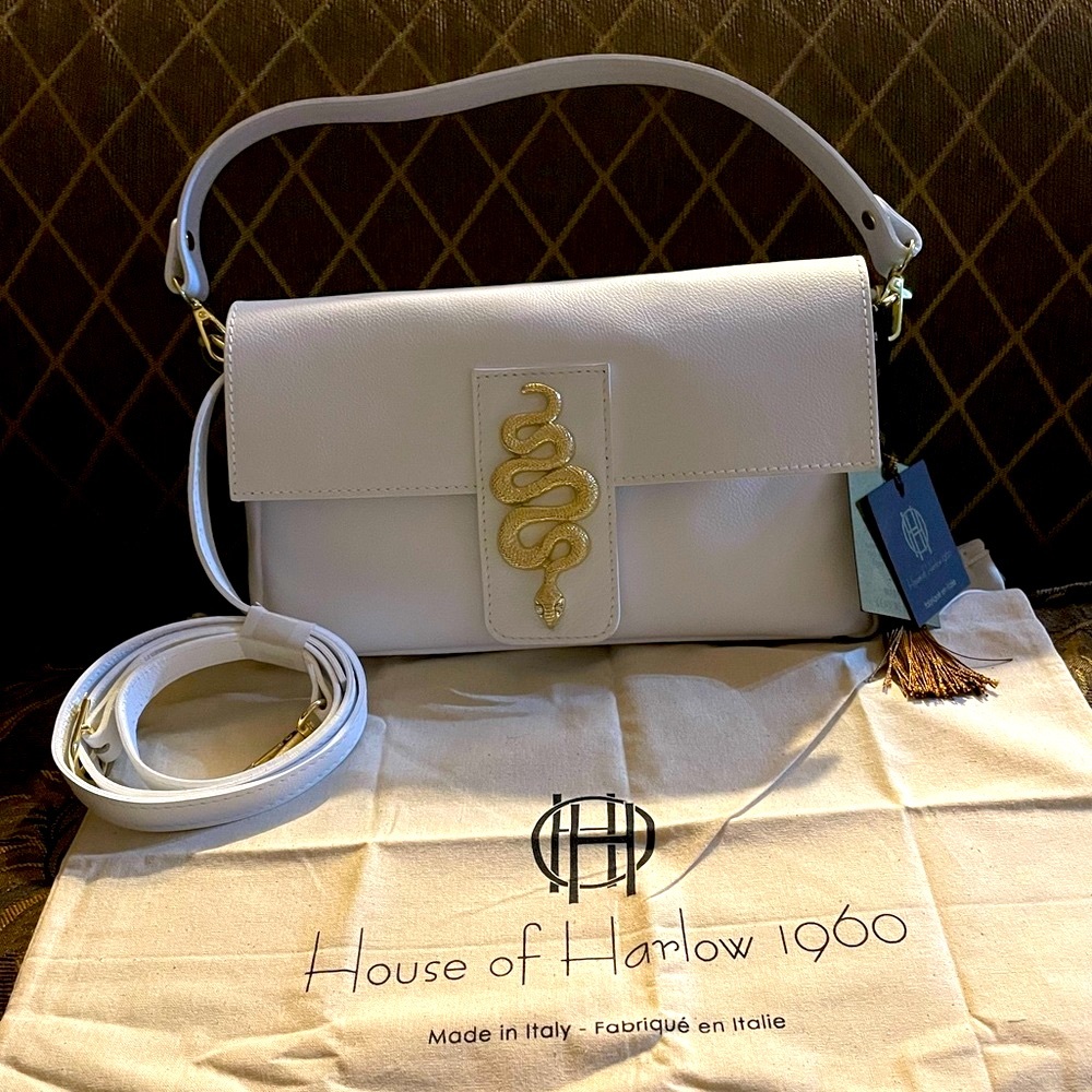 BNWT House of Harlow 1960 White Leather Shoulder Bag with Gold Snake Accent